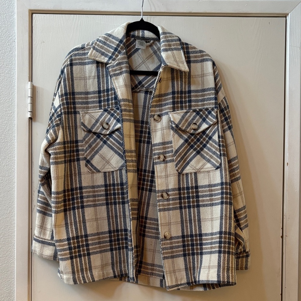 Sans Souci Beige and Blue Plaid Shirt Jacket